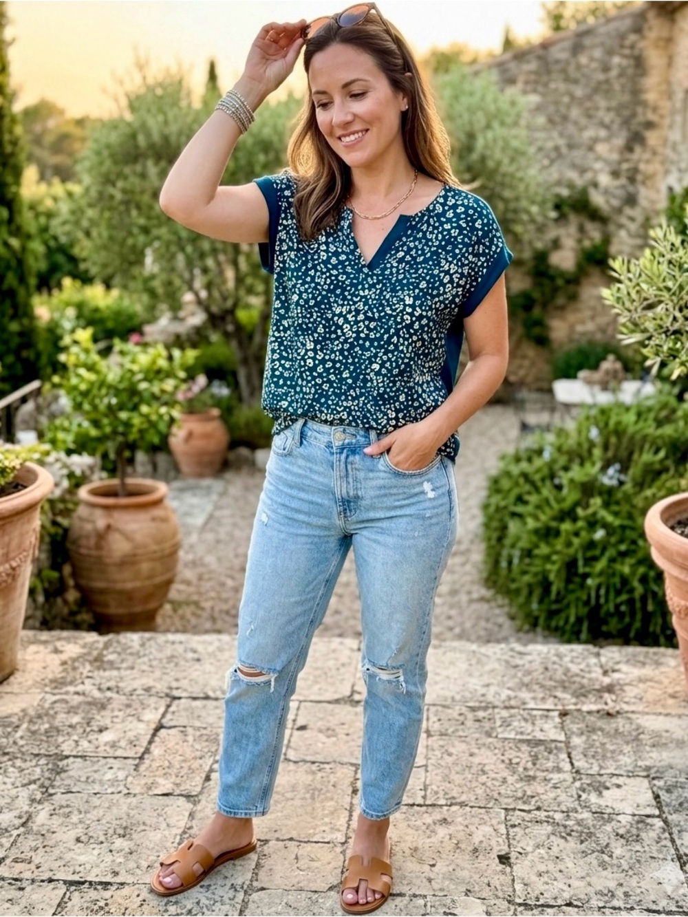 PaperMoon Mixed Media Teal Blue Leopard Print V-Neck Top | Women’s Small